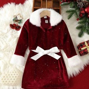 Young Girl Contrast Fuzzy Collar and Cuff Velvet Jacket & Skirt